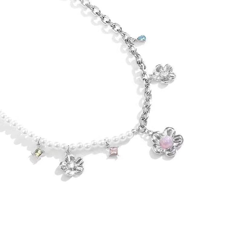 Purple Crystal Pearl mosaic flower earrings zircon metal contrast Necklace