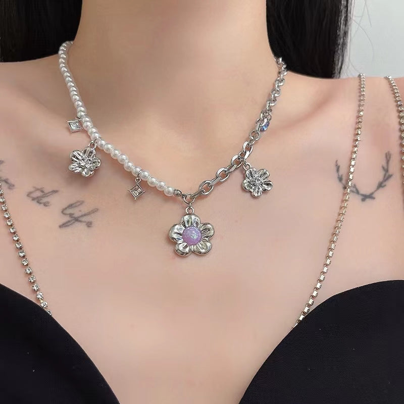 Purple Crystal Pearl mosaic flower earrings zircon metal contrast Necklace