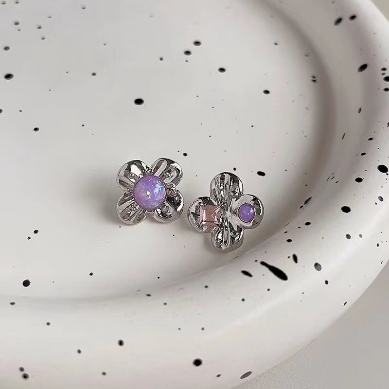 Purple Crystal Pearl mosaic flower earrings zircon metal contrast Necklace