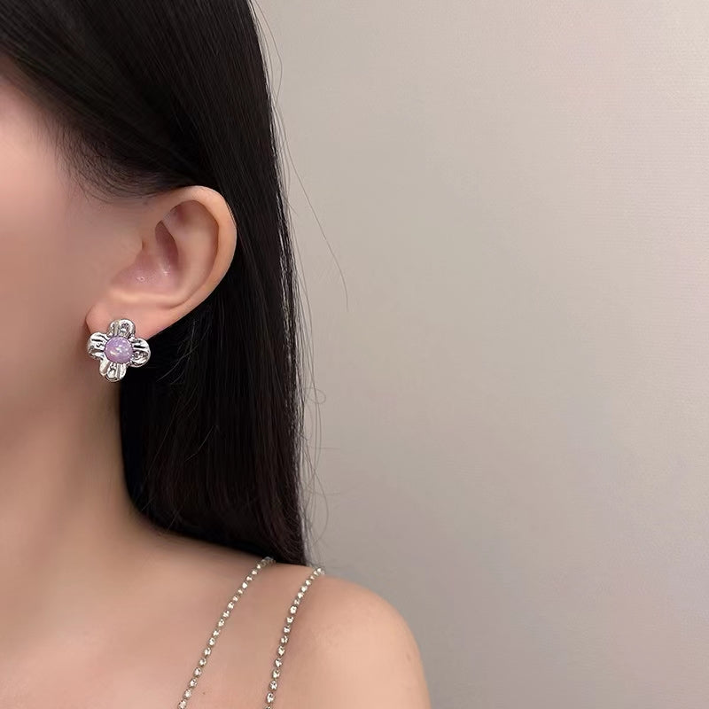 Purple Crystal Pearl mosaic flower earrings zircon metal contrast Necklace