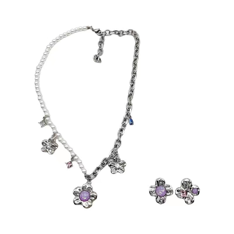 Purple Crystal Pearl mosaic flower earrings zircon metal contrast Necklace
