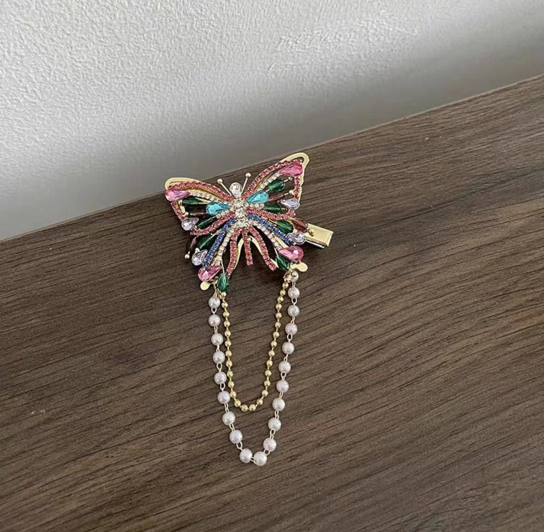 Light luxury color diamond crystal butterfly hairpin hairband super fairy pearl tassel temperament versatile