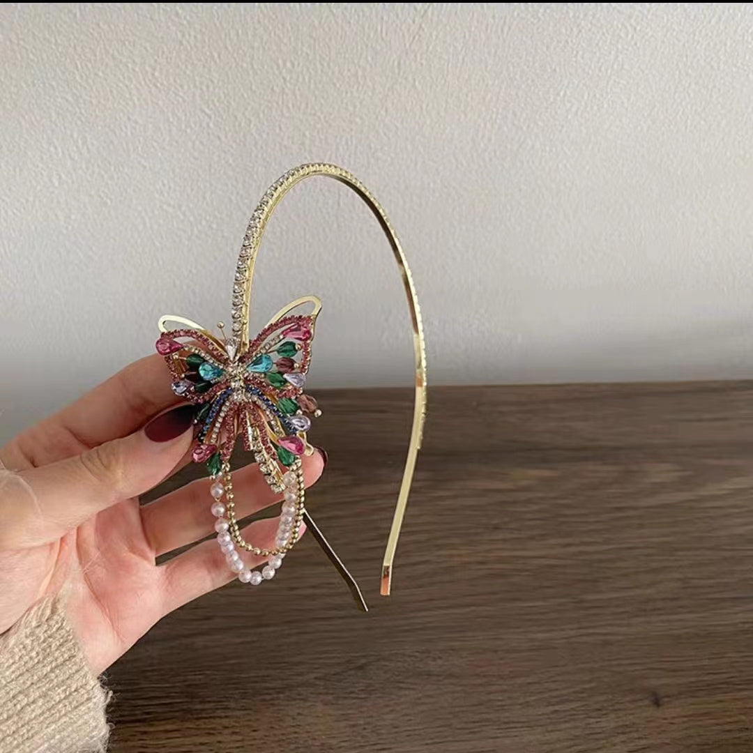 Light luxury color diamond crystal butterfly hairpin hairband super fairy pearl tassel temperament versatile