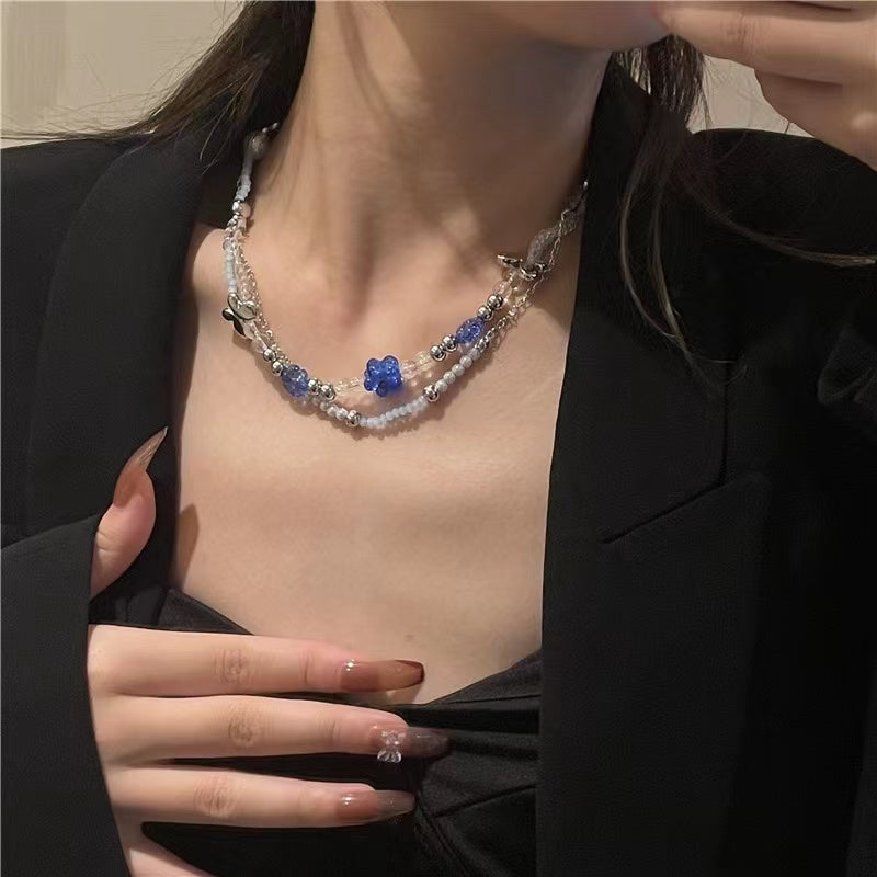 Blue flower butterfly necklace, a female versatile temperament, a collarbone chain