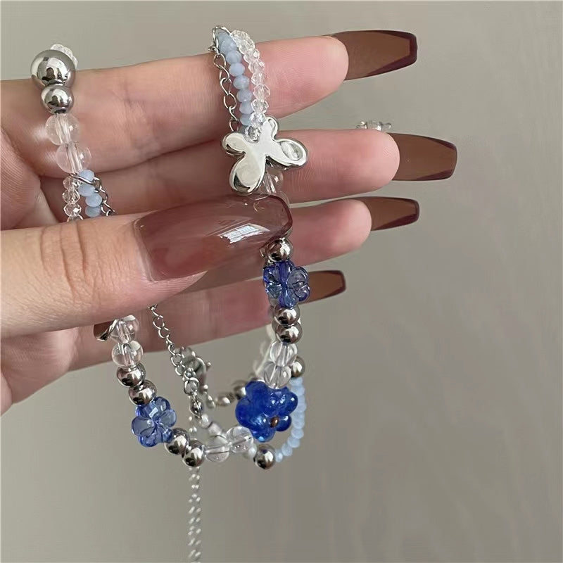 Blue flower butterfly necklace, a female versatile temperament, a collarbone chain
