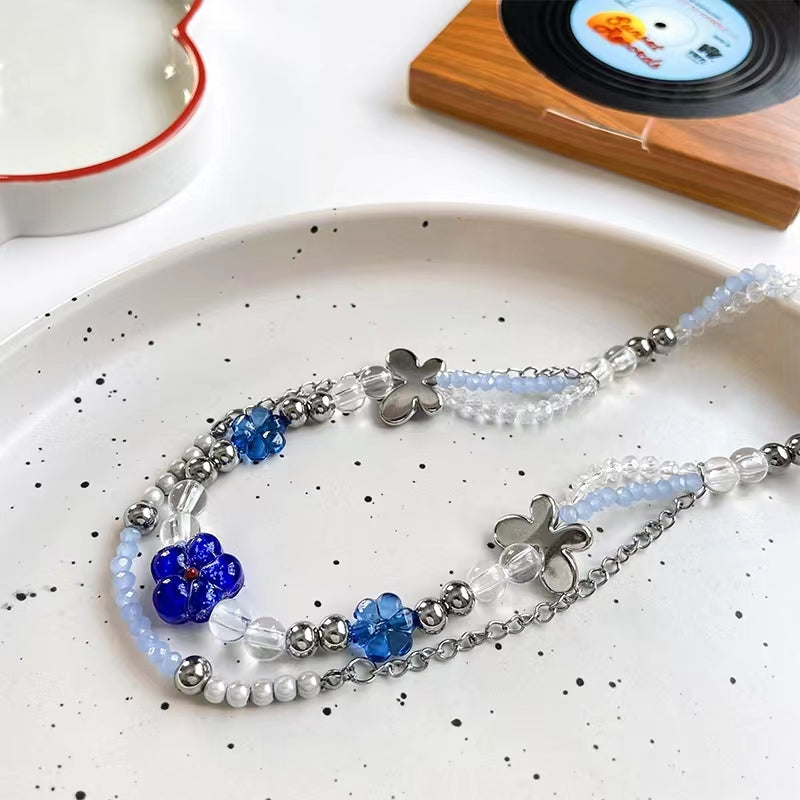 Blue flower butterfly necklace, a female versatile temperament, a collarbone chain