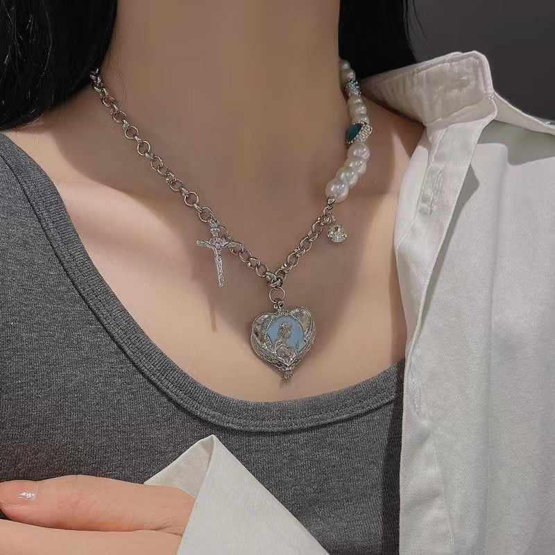 pearl Love Cross Necklace Female Minority titanium steel accessories hip-hop sweet cool style hot girls collarbone chain