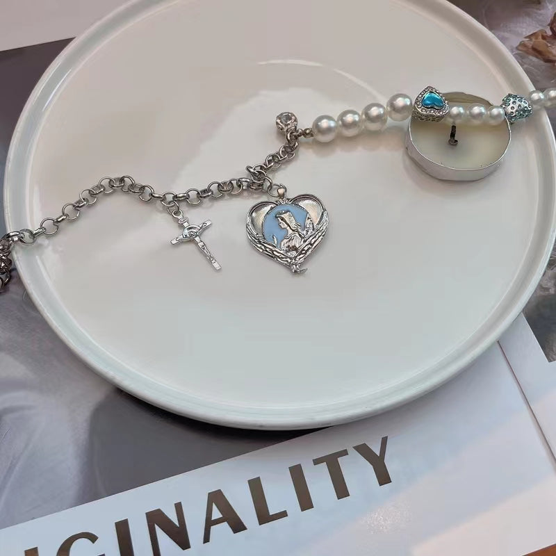 pearl Love Cross Necklace Female Minority titanium steel accessories hip-hop sweet cool style hot girls collarbone chain