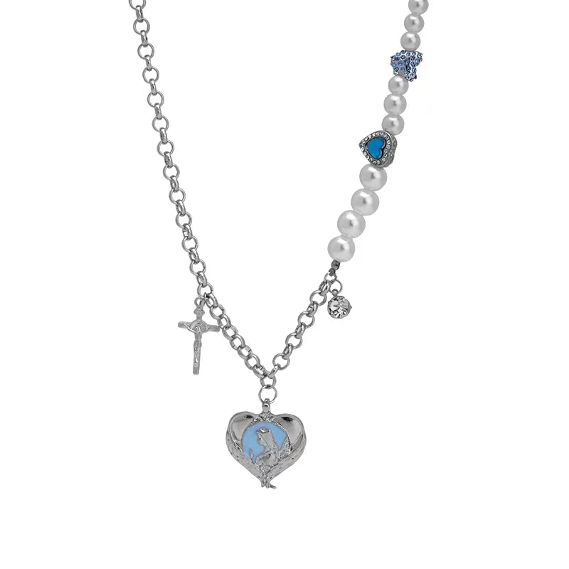 pearl Love Cross Necklace Female Minority titanium steel accessories hip-hop sweet cool style hot girls collarbone chain