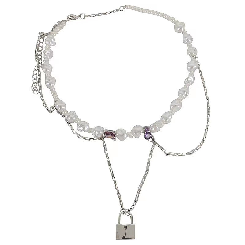 French light luxury designer shaped pearl necklace high sense metal tassel chain lock pendant sweater chain