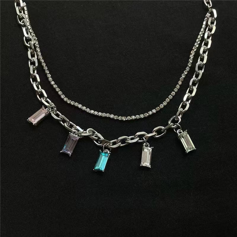 color zircon Tassel Necklace, double layered poison gem, collarbone chain, neck chain