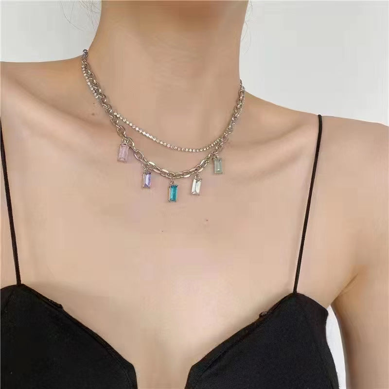 color zircon Tassel Necklace, double layered poison gem, collarbone chain, neck chain