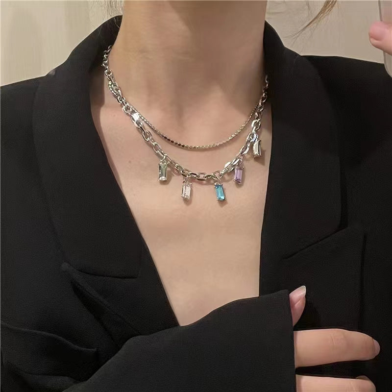color zircon Tassel Necklace, double layered poison gem, collarbone chain, neck chain