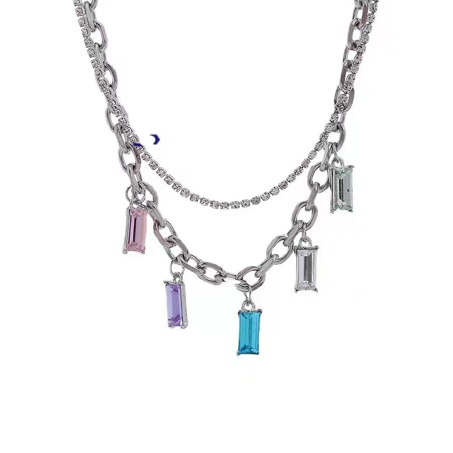 color zircon Tassel Necklace, double layered poison gem, collarbone chain, neck chain
