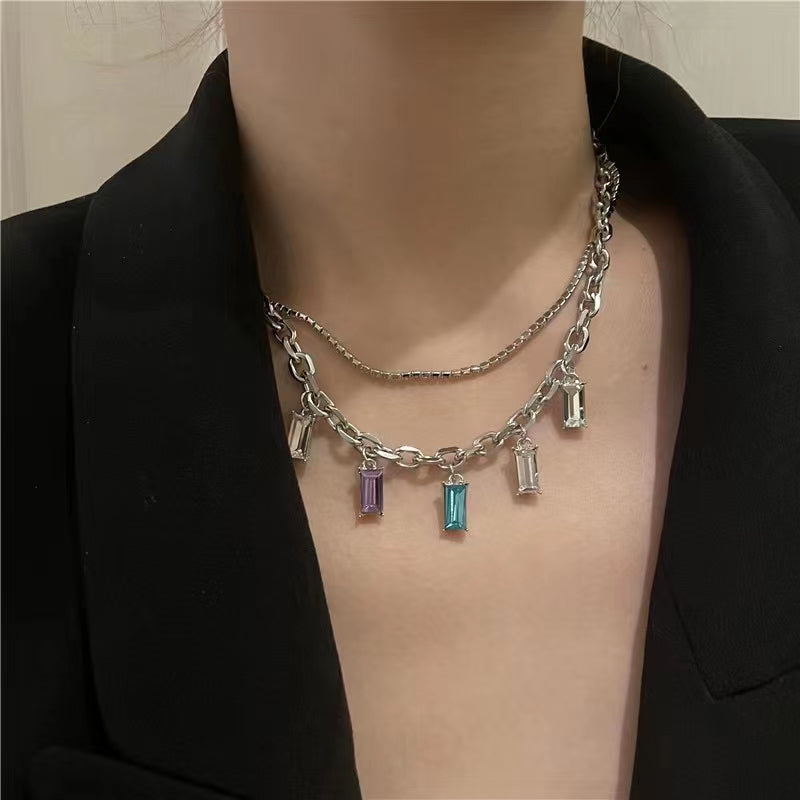 color zircon Tassel Necklace, double layered poison gem, collarbone chain, neck chain