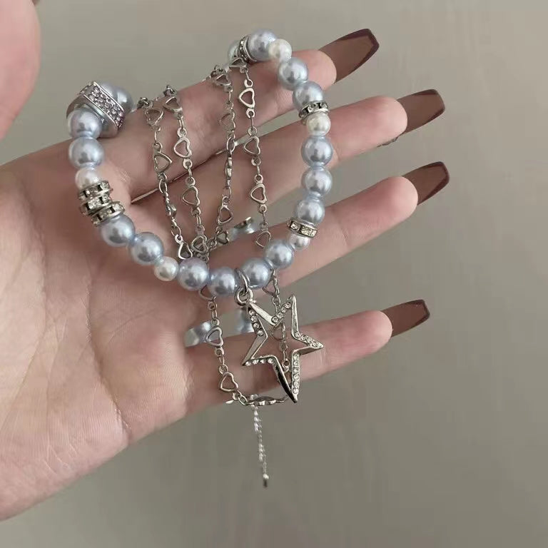 Multi layered stacked small collarbone chain, blue pearl, love diamond, Five Star Pendant