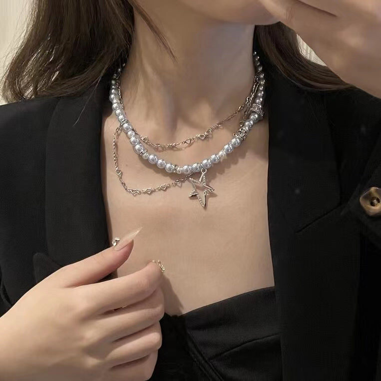 Multi layered stacked small collarbone chain, blue pearl, love diamond, Five Star Pendant