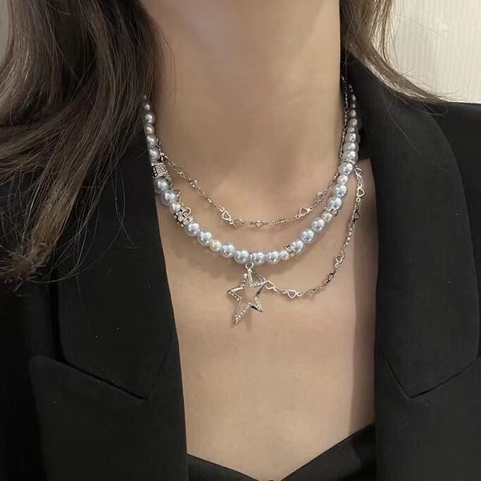 Multi layered stacked small collarbone chain, blue pearl, love diamond, Five Star Pendant