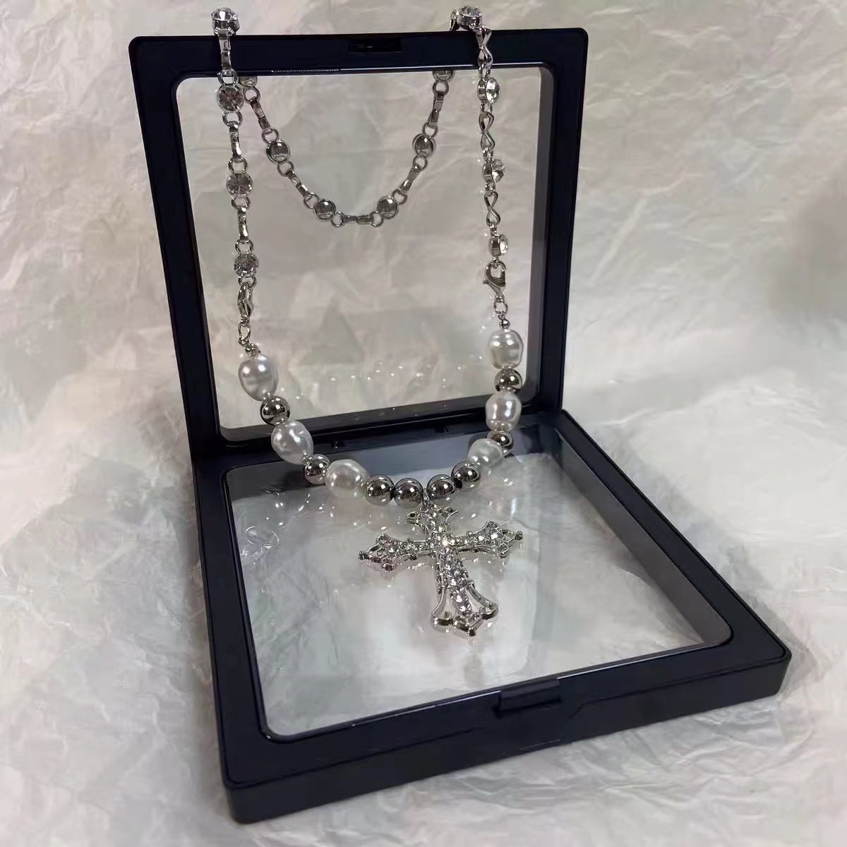 dark Croix cross Pearl Pendant Necklace with diamond and clavicle for men and women