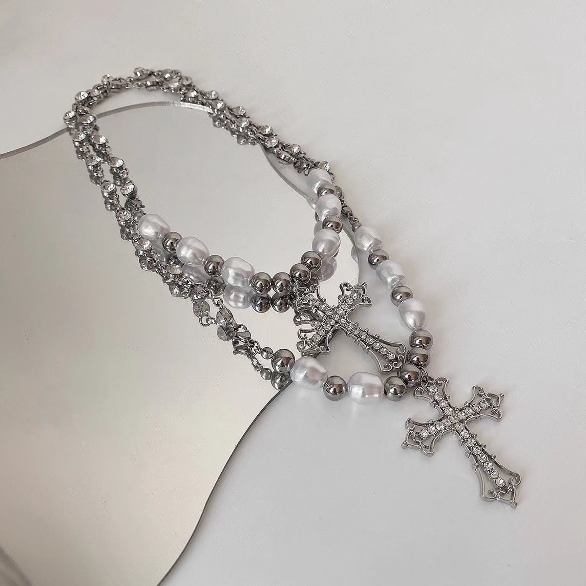 dark Croix cross Pearl Pendant Necklace with diamond and clavicle for men and women