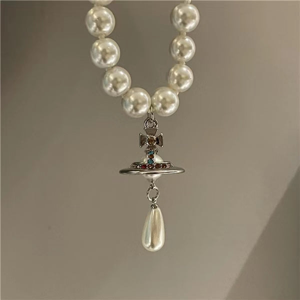 Baroque palace style light luxury pearl texture French Necklace Frisbee planet pearl pendant sweater chain neck chain