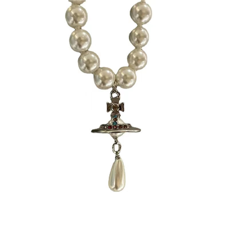 Baroque palace style light luxury pearl texture French Necklace Frisbee planet pearl pendant sweater chain neck chain