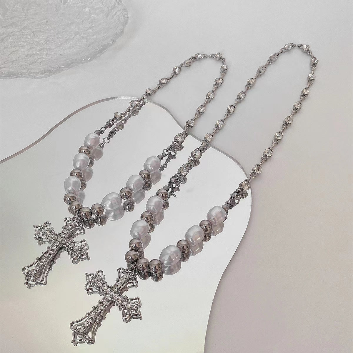 dark Croix cross Pearl Pendant Necklace with diamond and clavicle for men and women