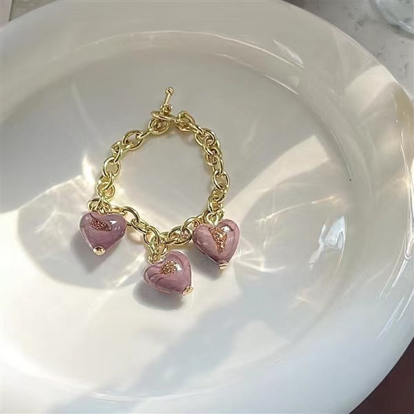 violet glazed gold foil Love Pendant Necklace French retro light luxury Earrings Bracelet Set