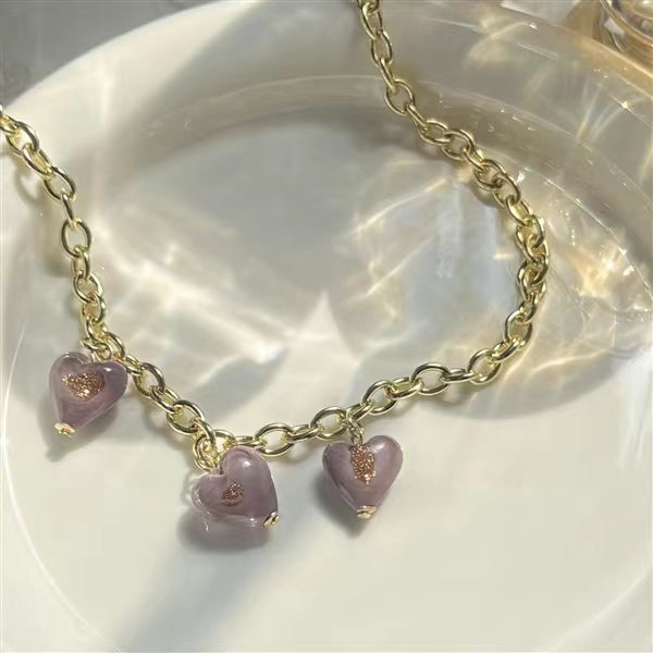 violet glazed gold foil Love Pendant Necklace French retro light luxury Earrings Bracelet Set