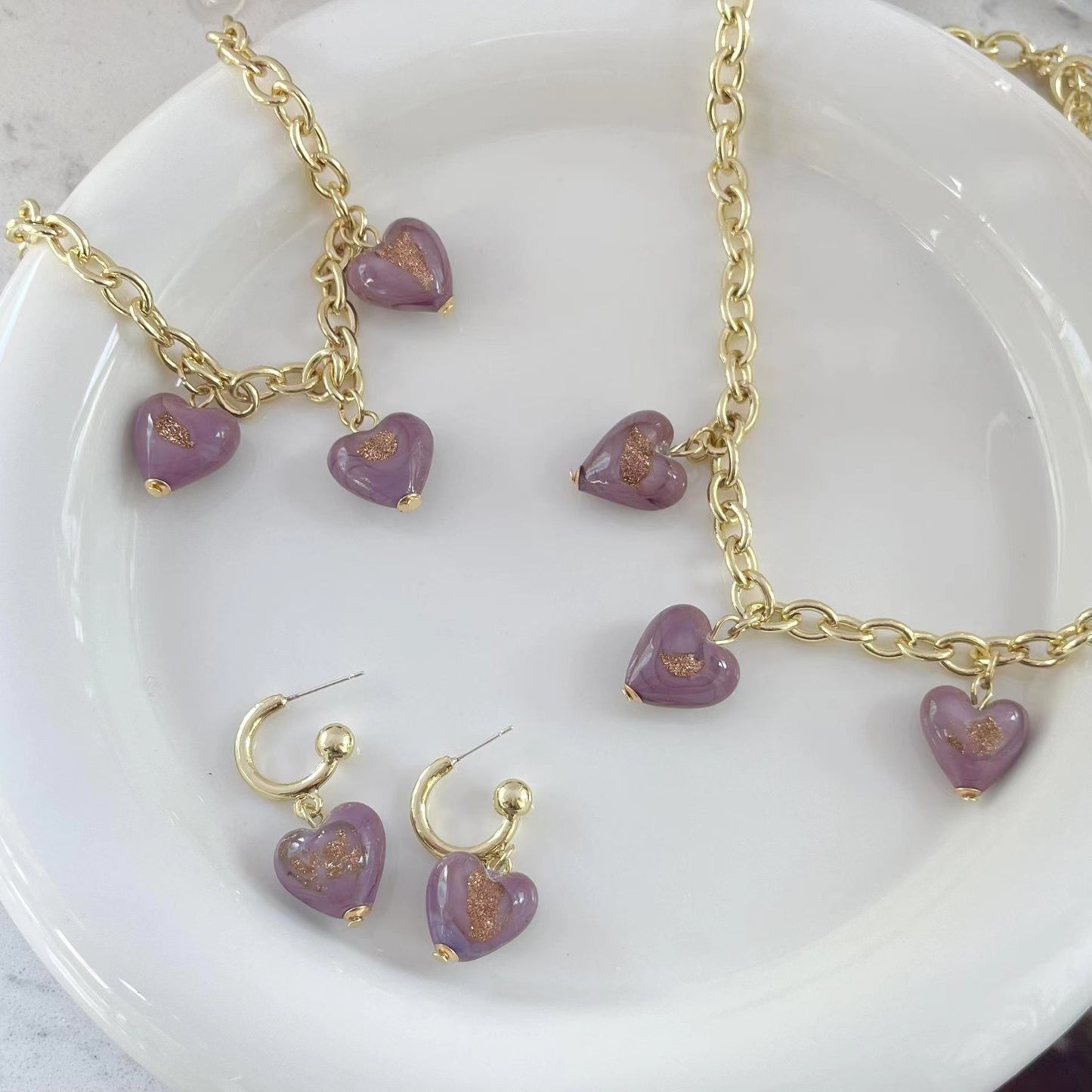 violet glazed gold foil Love Pendant Necklace French retro light luxury Earrings Bracelet Set