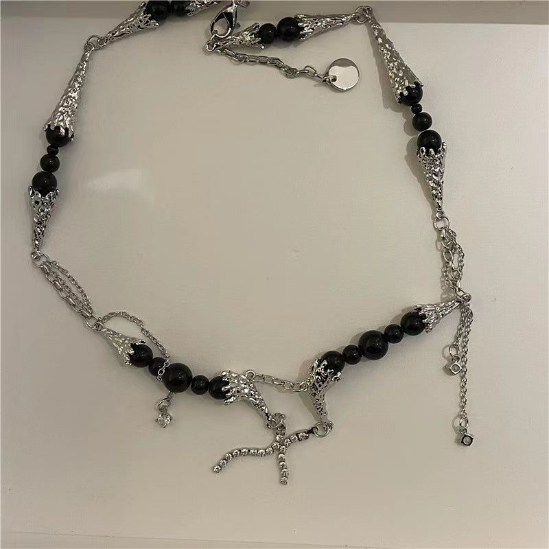 High sense black gem pearl necklace, light luxury, minority design, European and American hip-hop style couple necklace