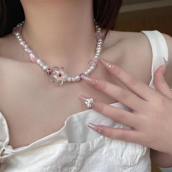 Summer colored glass flower Freshwater Pearl Beaded Necklace, high-grade design, small crowd, collarbone chain