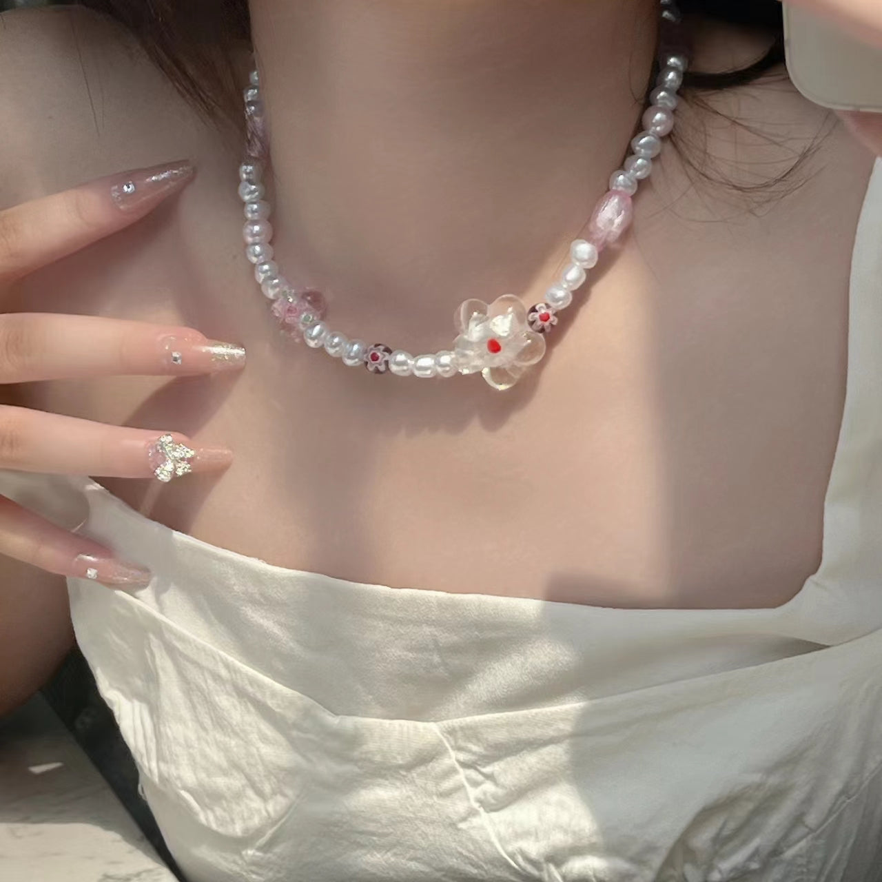 Summer colored glass flower Freshwater Pearl Beaded Necklace, high-grade design, small crowd, collarbone chain