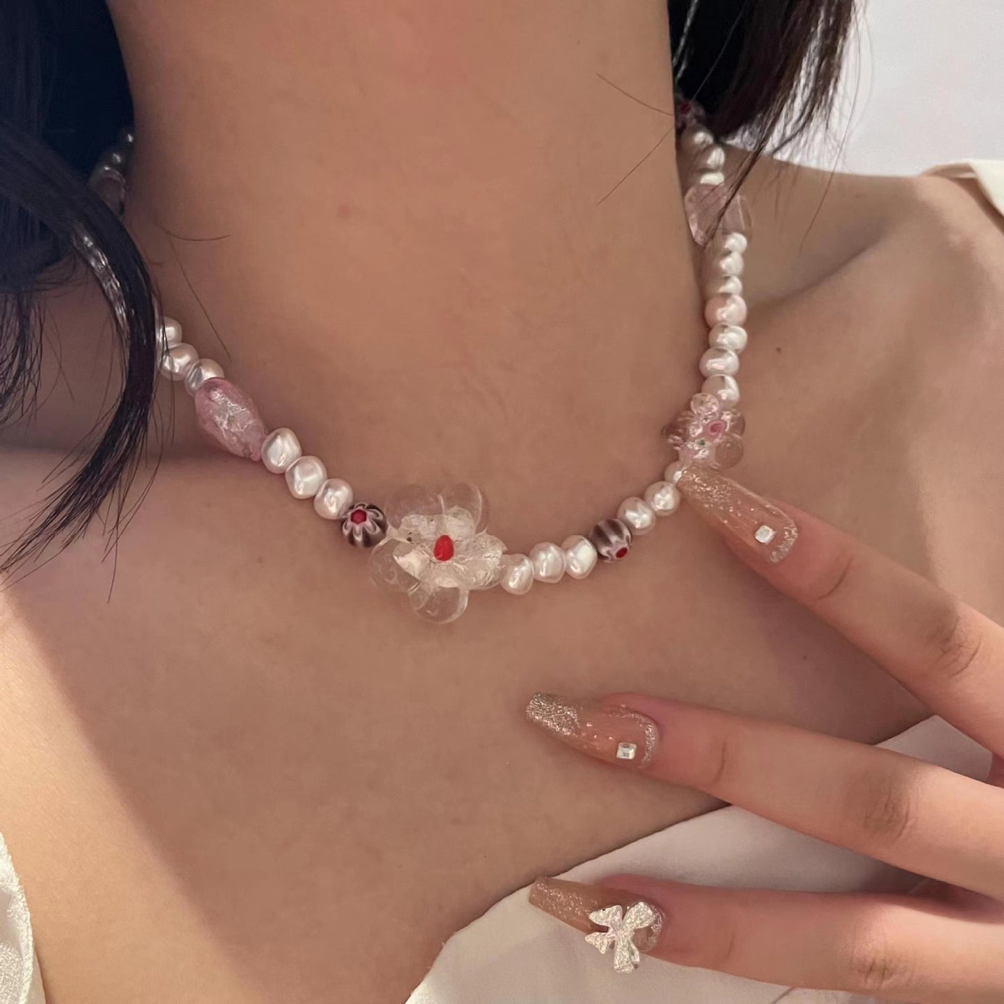 Summer colored glass flower Freshwater Pearl Beaded Necklace, high-grade design, small crowd, collarbone chain