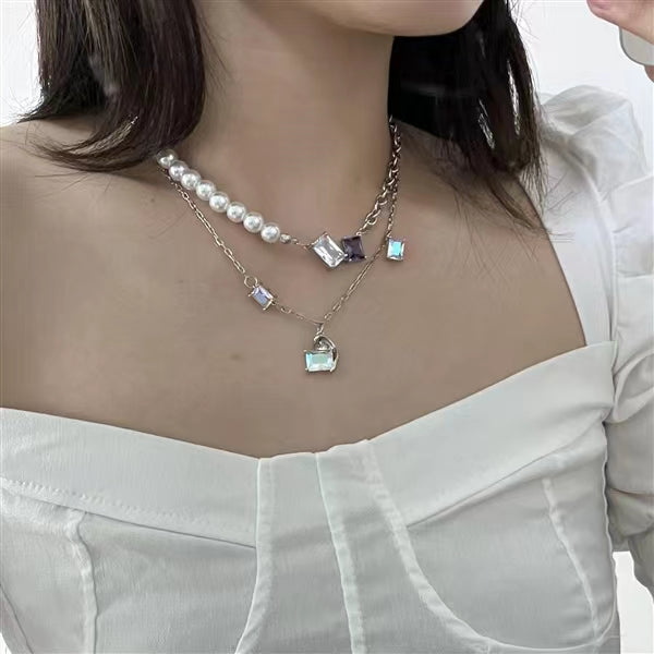 Sweet cool wind dark retro niche gem necklace sparkling zirco necklace superimposed pearl stainless steel necklace