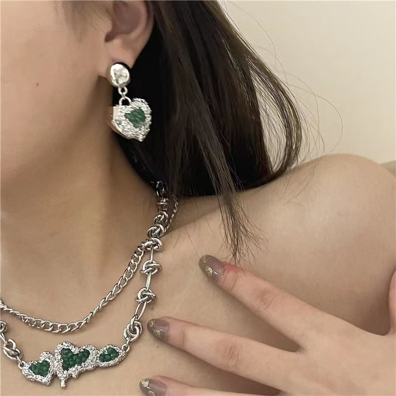 Sweet and cool hot girls double layered melting Love Pendant Necklace female Retro Green Love Earrings