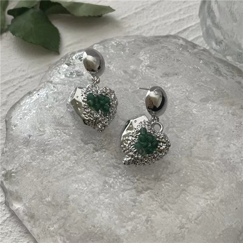 Sweet and cool hot girls double layered melting Love Pendant Necklace female Retro Green Love Earrings