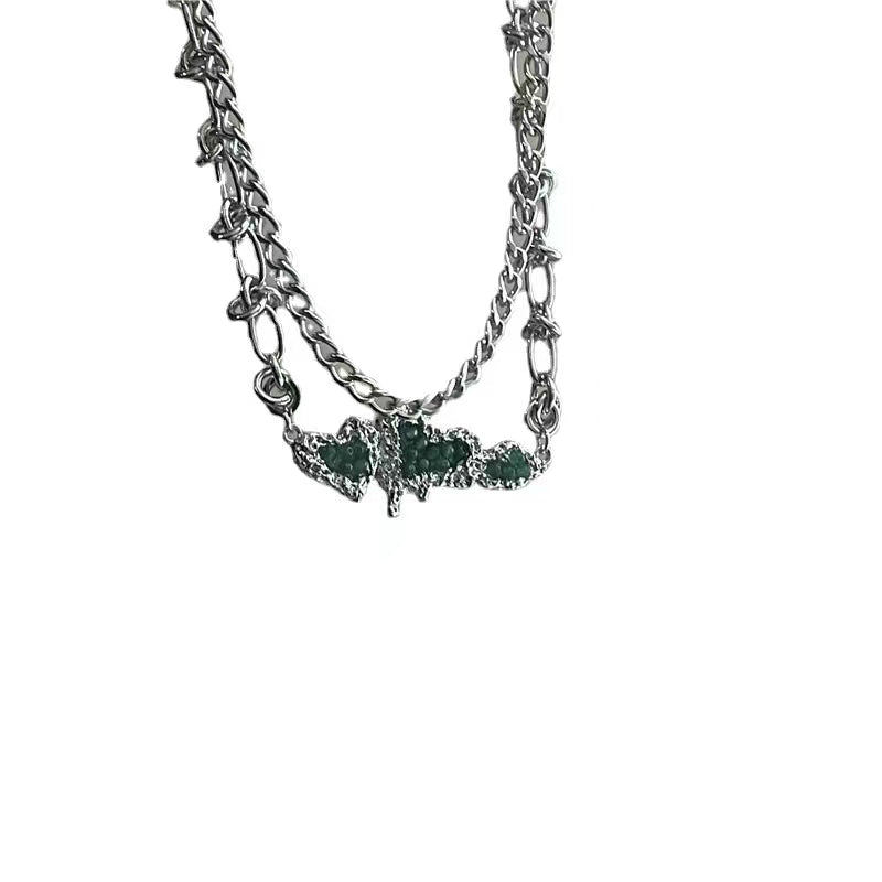 Sweet and cool hot girls double layered melting Love Pendant Necklace female Retro Green Love Earrings
