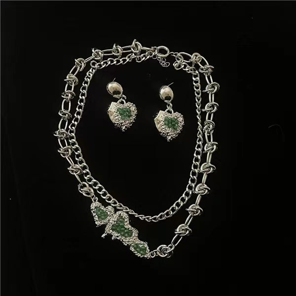 Sweet and cool hot girls double layered melting Love Pendant Necklace female Retro Green Love Earrings