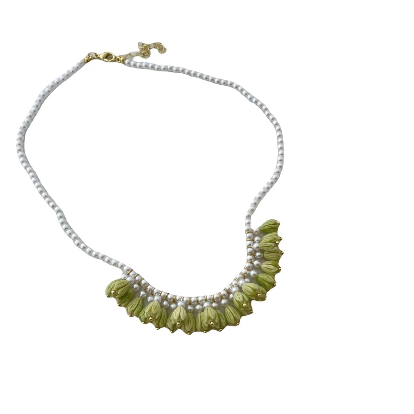 Vintage Green tulip bud hand made pearl light luxury collar chain female cold wind neck chain necklace