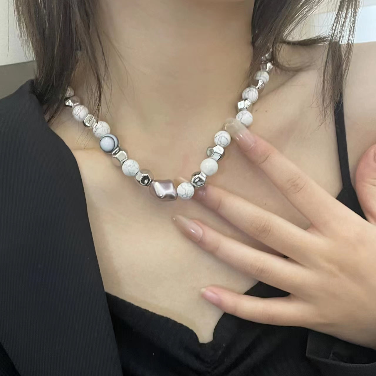 Natural stone beads, thick chain splicing, stainless steel necklace, cool wind, punk trend