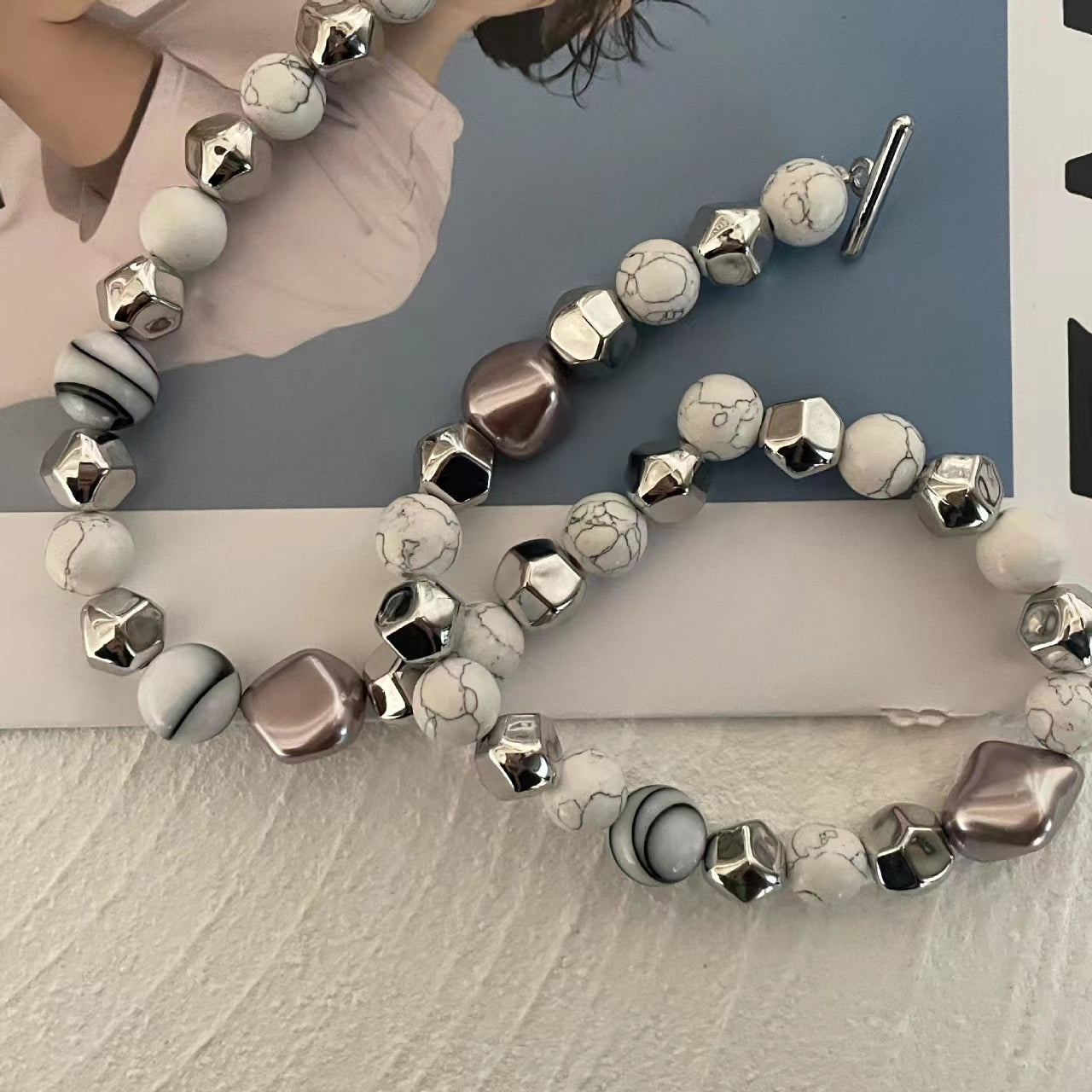 Natural stone beads, thick chain splicing, stainless steel necklace, cool wind, punk trend