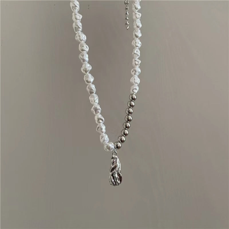 French retro shaped pearl ball double combination clavicle chain sweet cool lava Pendant Necklace