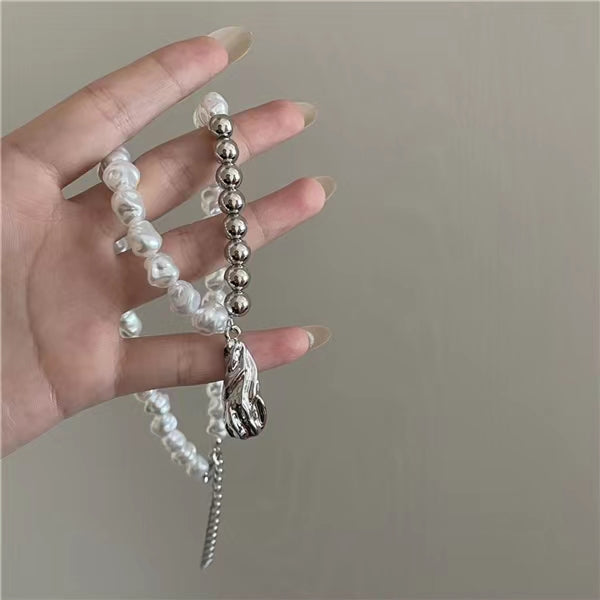 French retro shaped pearl ball double combination clavicle chain sweet cool lava Pendant Necklace
