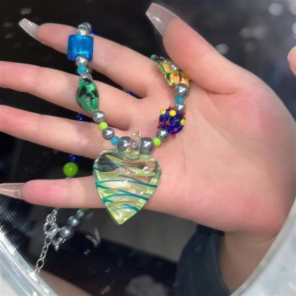 Y2K hot girls sweet cool glass stone big Love Pendant Necklace Scarab butterfly collarbone chain neck chain
