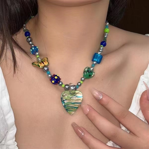Y2K hot girls sweet cool glass stone big Love Pendant Necklace Scarab butterfly collarbone chain neck chain