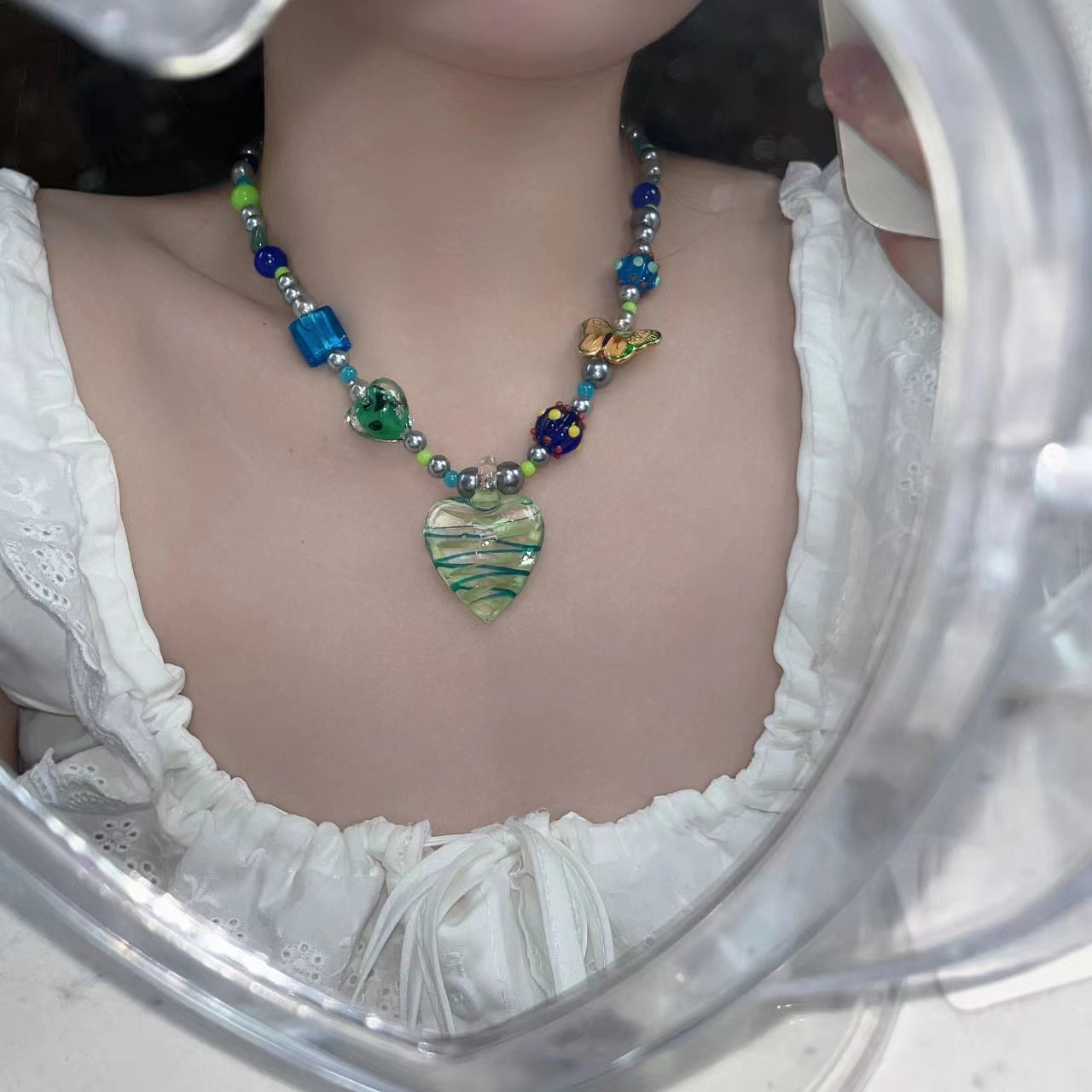 Y2K hot girls sweet cool glass stone big Love Pendant Necklace Scarab butterfly collarbone chain neck chain