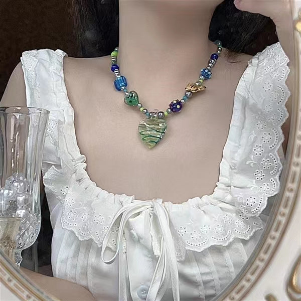 Y2K hot girls sweet cool glass stone big Love Pendant Necklace Scarab butterfly collarbone chain neck chain