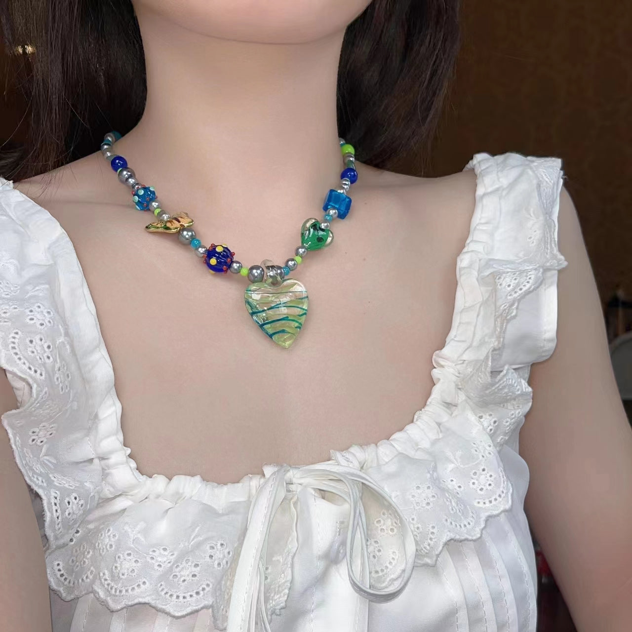 Y2K hot girls sweet cool glass stone big Love Pendant Necklace Scarab butterfly collarbone chain neck chain