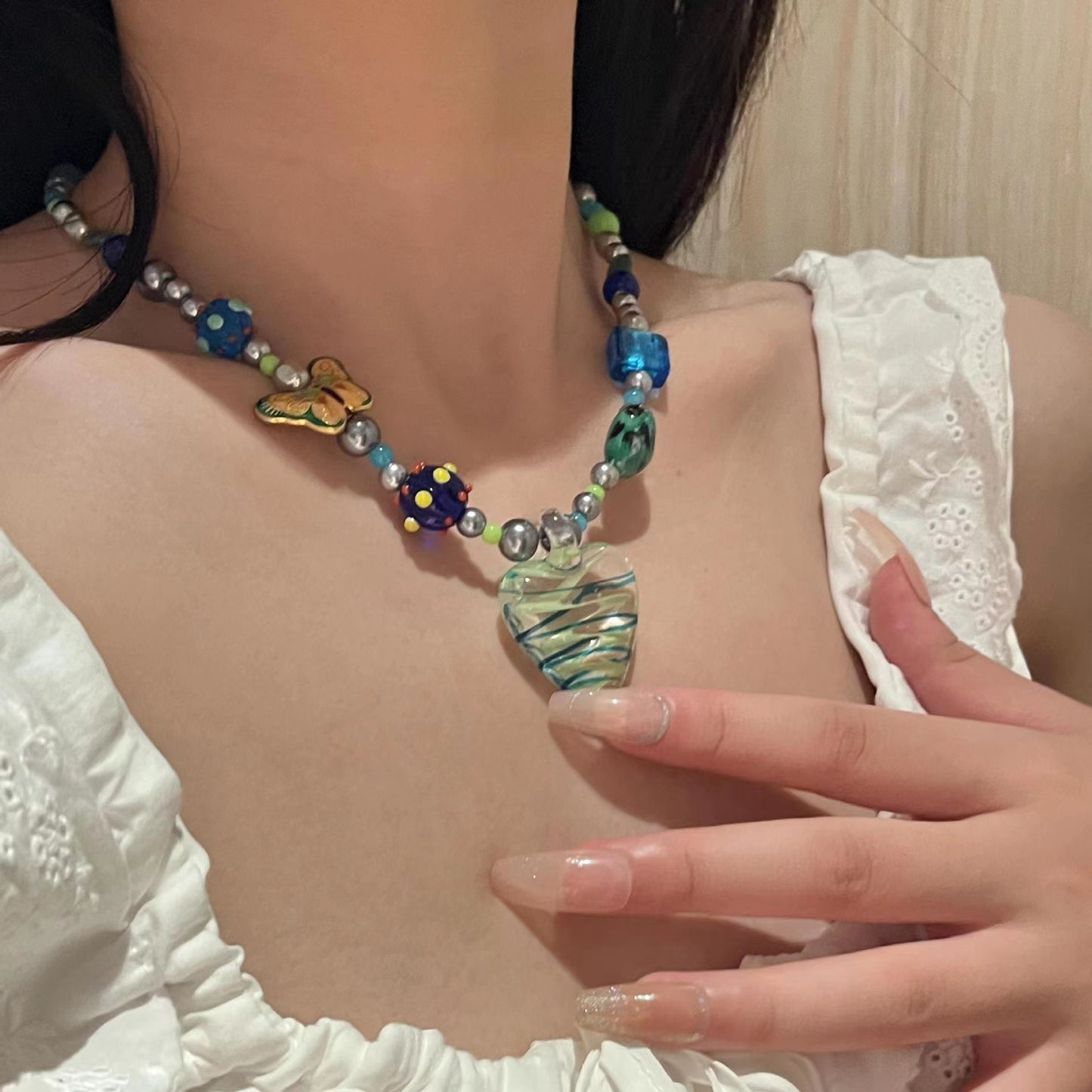 Y2K hot girls sweet cool glass stone big Love Pendant Necklace Scarab butterfly collarbone chain neck chain